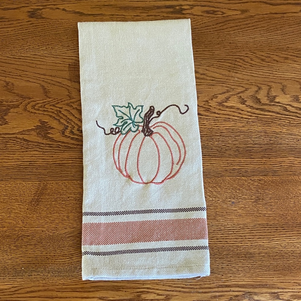 Neutral Cream Pumpkin Embroidered Kitchen Towel by